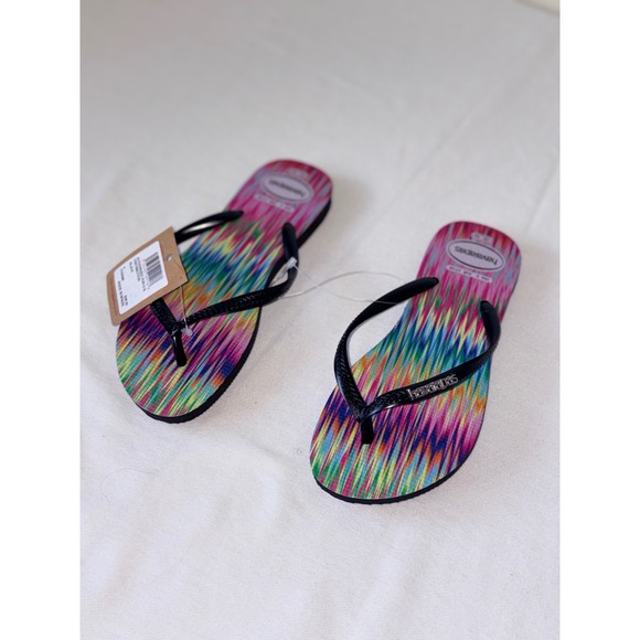 Havaianas Slim Multi Color Ikat Print Flip Flops Black Straps Womens 6 NEW - Picture 6 of 9